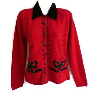 Vintage Red Cardigan Sweater Black Velvet Collar Beads No Itch Acrylic Festive M
